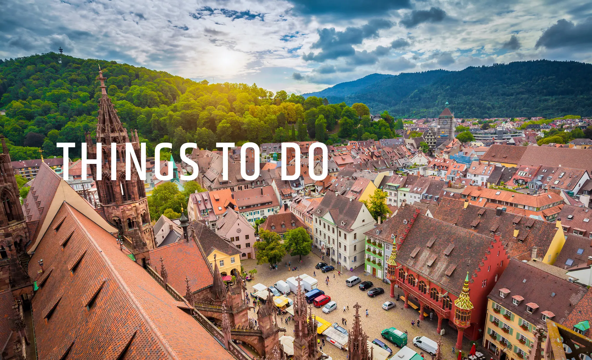 Panoramablick über Freiburg mit Münster, Schwarzwald und Weinbergen